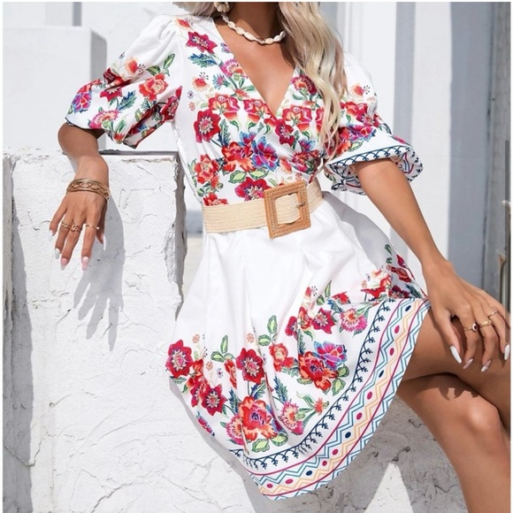 Boho Floral Print Puff Sleeve Dress Without Belt - Picture 4 of 5